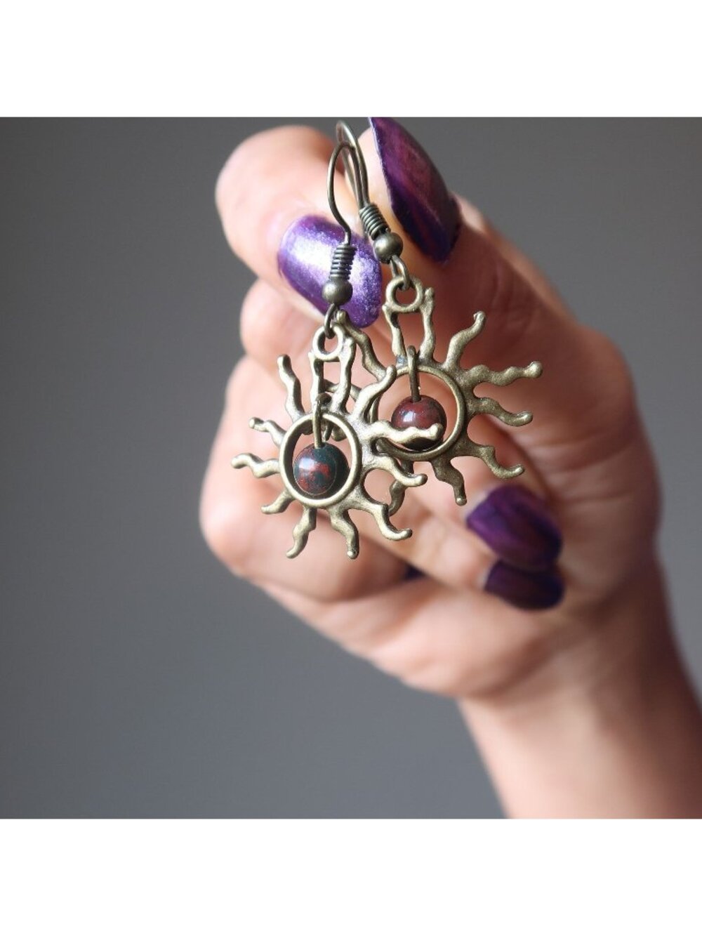 Bloodstone Earrings Brewing Sun Almighty Antiqued Dark Green Crystal Statement